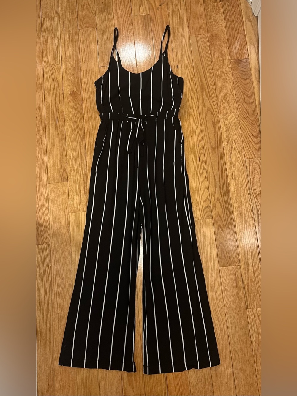 RD Style Black Jumpsuit with White Vertical Stripes